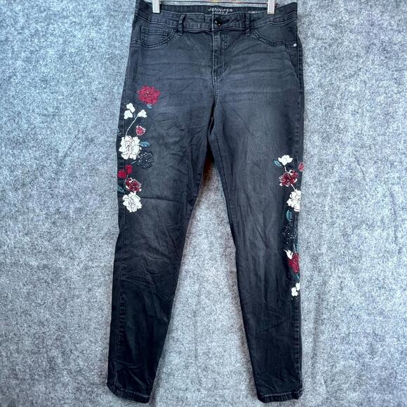 Jennifer Lopez Super Skinny Jeans Womens 12 Black FloralY2K Embroidered Gothic - Picture 1 of 10